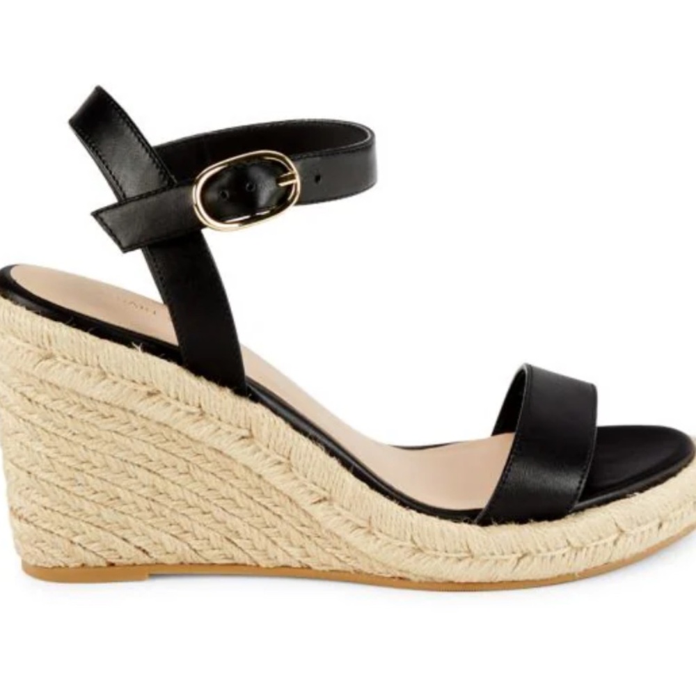 Stuart Weitzman Teddi Wedge Heel Leather Espadrille Sandals Womens 9.5 Black New